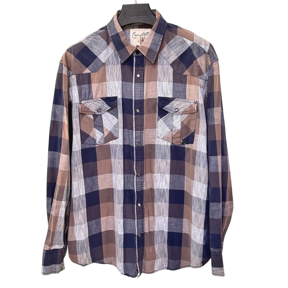 Coastal Men XXL Brown Blue Plaid Western Pearl Snap Long Sleeve Shirt‎ RN103617